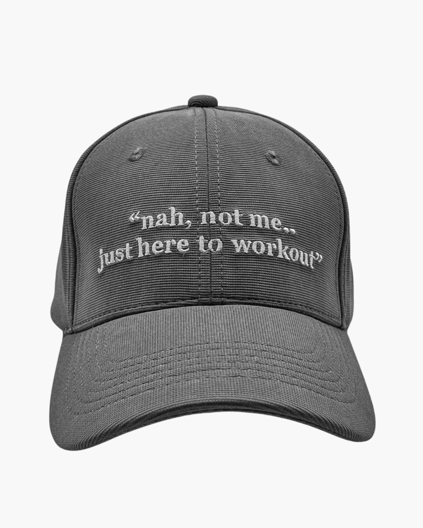 Premium grey color 6-panel gym caps with bold slogans, adjustable fit, and durable fabric.