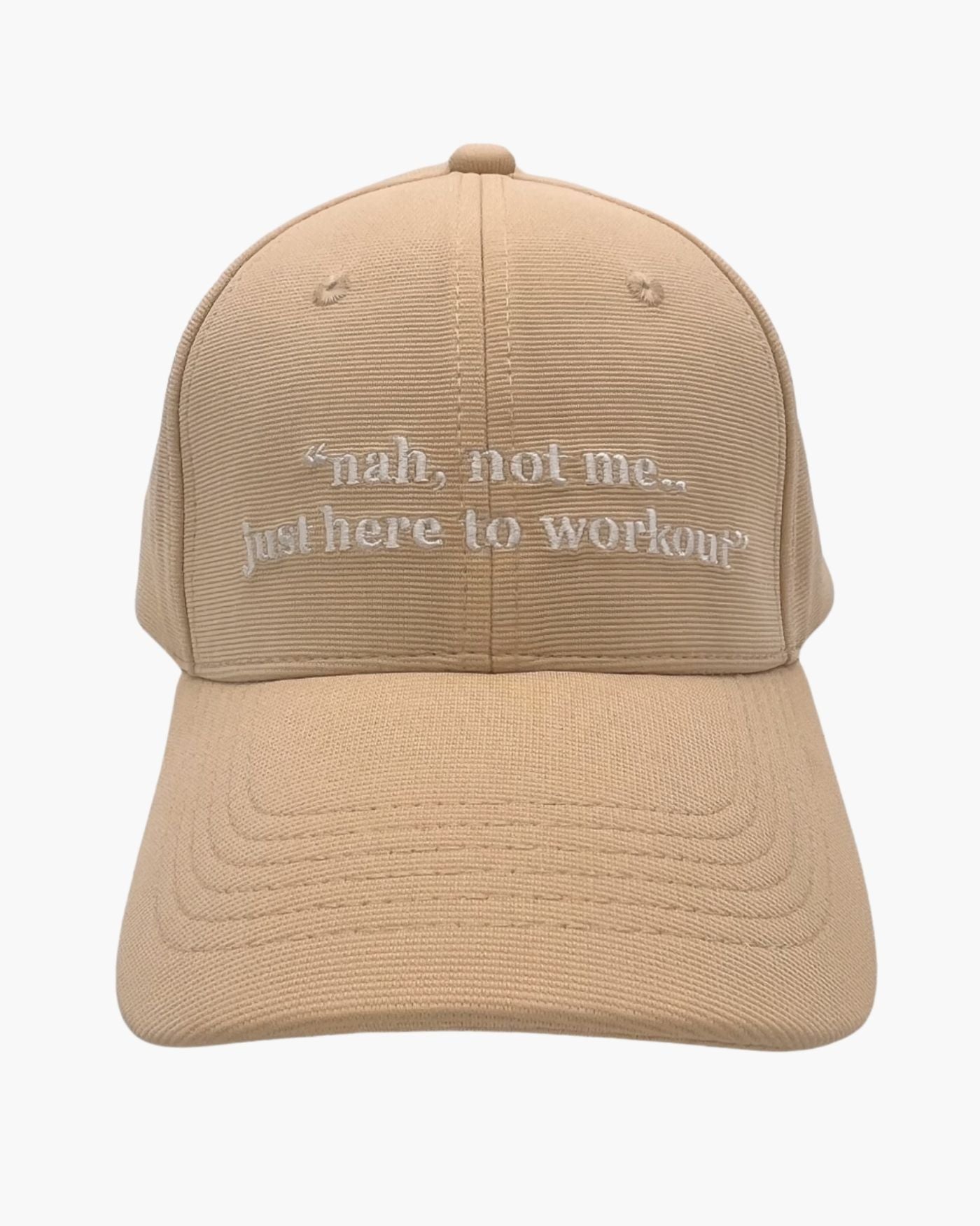Premium beige color 6-panel gym caps with bold slogans, adjustable fit, and durable fabric.