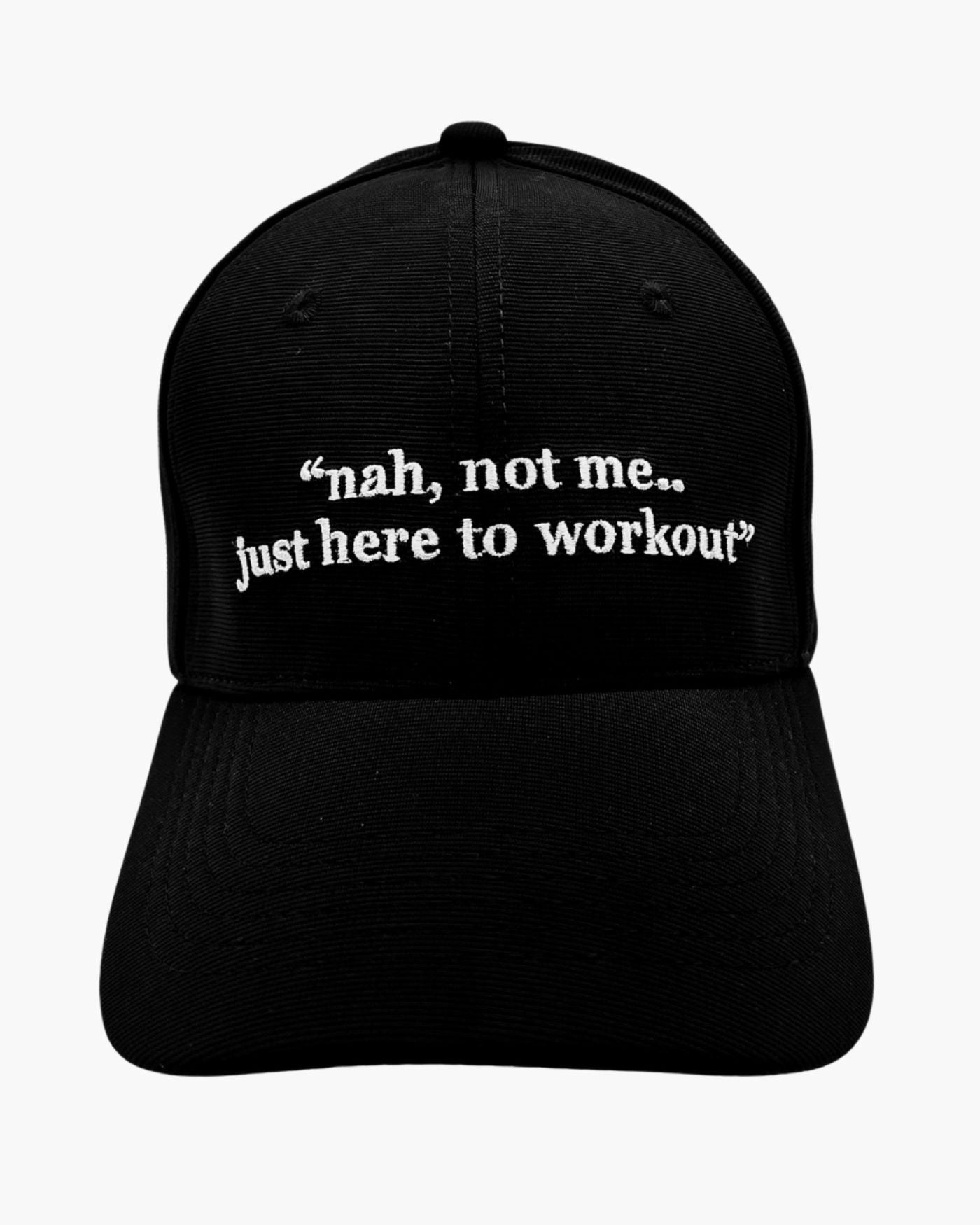 Premium black color 6-panel gym caps with bold slogans, adjustable fit, and durable fabric.