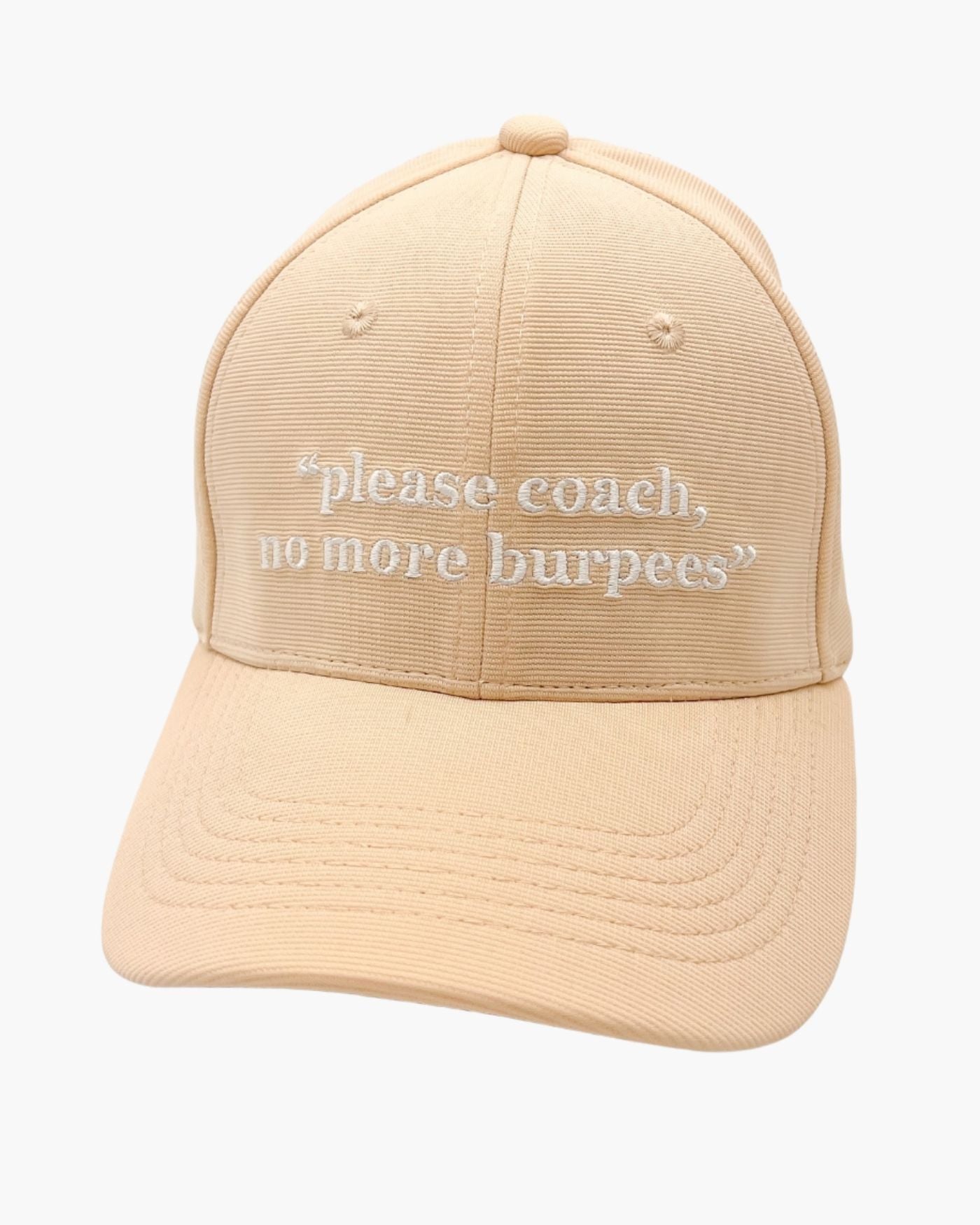 Premium beige 6-panel gym caps with bold slogans