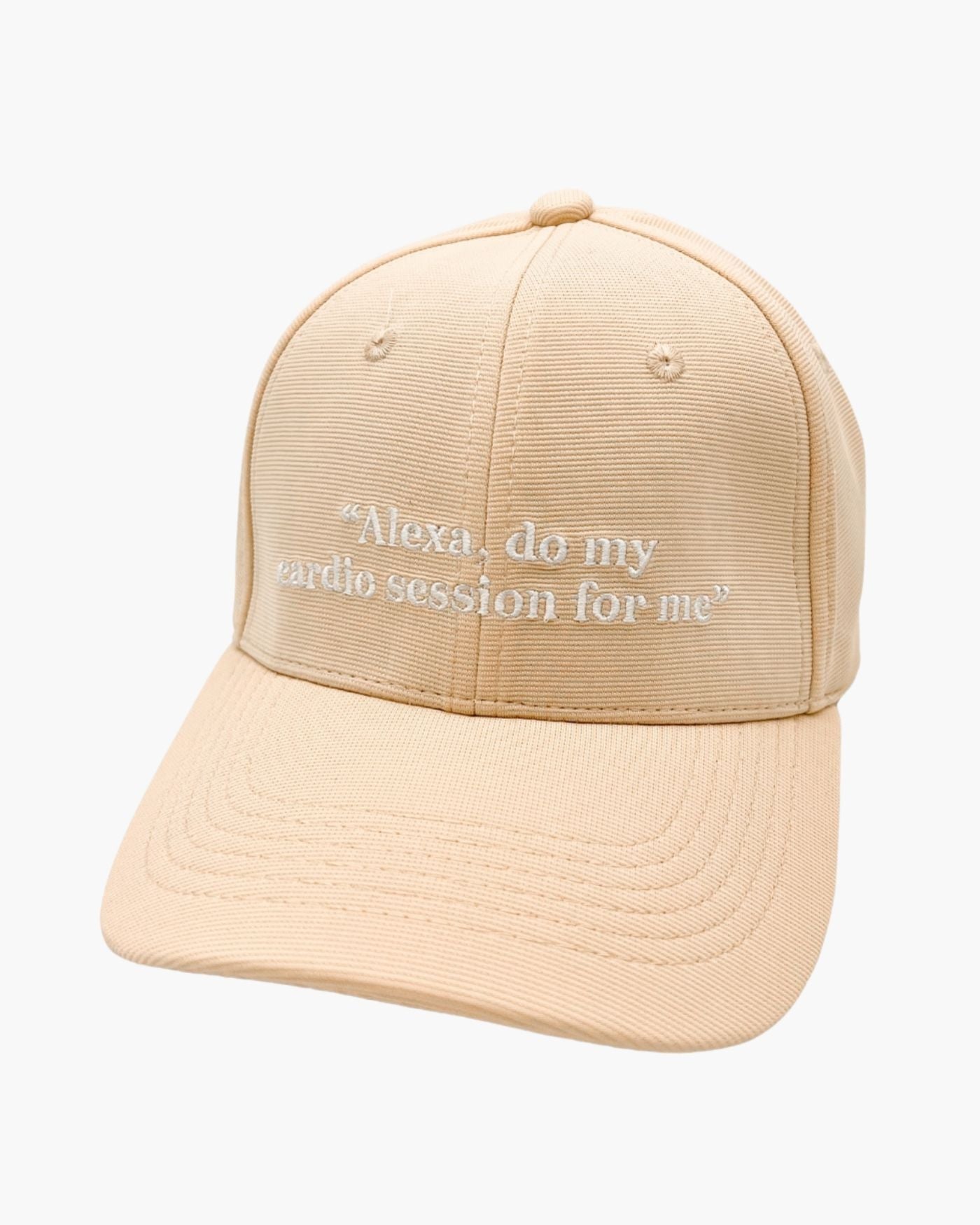 Premium beige color 6-panel gym caps with bold slogans, adjustable fit, and durable fabric.