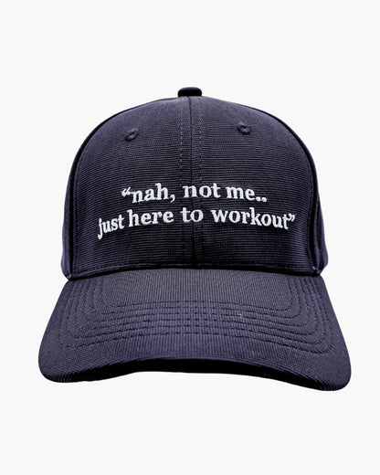Premium blue color 6-panel gym caps with bold slogans, adjustable fit, and durable fabric.