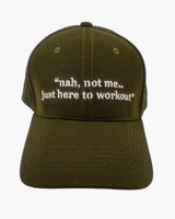 Premium green color 6-panel gym caps with bold slogans, adjustable fit, and durable fabric.