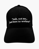 Premium black color 6-panel gym caps with bold slogans, adjustable fit, and durable fabric.