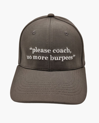 Premium grey 6-panel gym caps with bold slogans