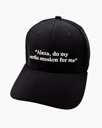Premium black color 6-panel gym caps with bold slogans, adjustable fit, and durable fabric.
