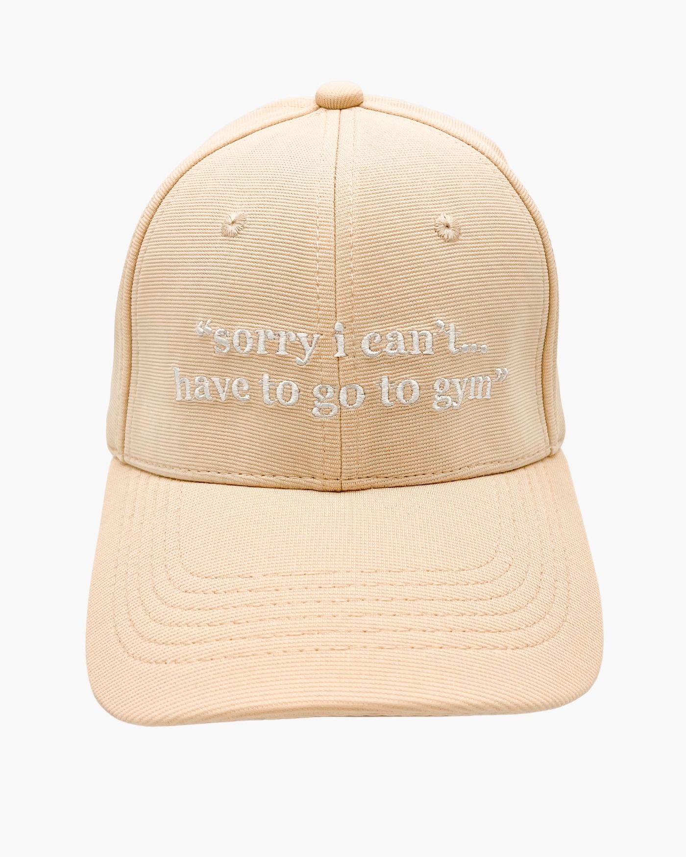 Premium beige 6-panel gym caps with bold slogans